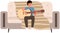 Male character learning to play guitar. Young boy guitarist creates music sitting on couch