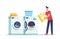 Male a Character in Public Laundry or Home Bathroom Loading Dirty Clothing and Detergent Powder to Laundromat