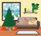 Male character rest couch and surf internet, man lie sofa relax cartoon vector illustration. Design interior. New year fir tree,