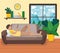 Male character rest couch and surf internet, man lie sofa relax cartoon vector illustration. Design interior room, country house