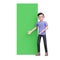 Male character shows something on the roll up x banner standing green screen beside him while bowing, show