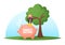 Male Character Sit on Tree Put Huge Coin into Piggy Bank. Man Collect Money, Cash, Financial Profit. Basic Family Income