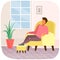 Male character is sitting in armchair and resting. Guy spending time and relaxing in living room