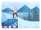 Male character on snowboard jumping from a trampoline. Snowboarder