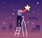 Male Character Stand on Ladder Put Star on Night Sky with Zodiac Constellations. Cosmos Exploration, Scientific