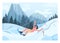 Male character in swimming shorts falling in a snow bank. Snowboarder