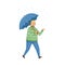 Male Character Walking Under Umbrella in Rainy Day Vector Illustration