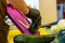 Male Chef Cutting Eggplant in the Kitchen