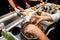 male chef hand holds a piece of minced meat