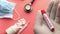 Male chemist hand in protective gloves hold test tube closeup background