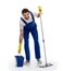 male cleaner cleaning floor with mop and bucket