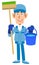 Male cleaning worker with a brush and bucket