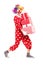 Male clown carrying a pile of presents