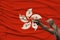 Male coarse hands chained in heavy iron chains against the backdrop of the Hong Kong national flag, crime concept in the country,