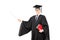 Male college graduate holding books and pointing with wooden stick