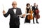 Male conductor and artists posing with cellos