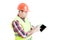 Male constructor pointing finger on tablet