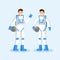 Male cosmonauts flat vector illustration. Smiling astronauts team, two men in spacesuits waving hand and holding helmets