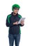 Male courier driver holding tablet pc isolated