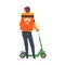 Male Courier with Electric Kick Scooter Carrying Orange Parcel Box on his Back, Delivery of Goods and Products, Fast