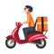 Male Courier Riding Scooter with Orange Parcel Box on the Back, Delivery of Goods and Products, Fast Shipping Cartoon