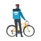 Male Courier Standing with Bicycle Carrying Blue Package on his Back, Food Delivery Cyclist, Fast Shipping Cartoon