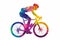 A male cyclists road racer, ebike rider or mountain biker shown in a colourful contemporary athletic abstract design