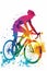 A male cyclists road racer, ebike rider or mountain biker shown in a colourful contemporary athletic abstract design