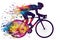 A male cyclists road racer, ebike rider or mountain biker shown in a colourful contemporary athletic abstract design