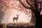 Male deer with antlers stand in forest in Spring with beautiful booming cherry blossom