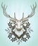 Male deer front view portrait, decorated leaves wreath