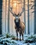 Male deer or stag in cold forest at beautiful dawn