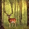 Male deer stag standing in green forest looking towards the viewer