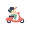 Male deliveryman riding on scooter with box backpack package express goods grocery delivery service