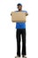 A male deliveryman, on a white background, in full height, gives a box