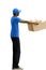 A male deliveryman, on a white background, in full height, gives a box