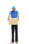 A male deliveryman, on a white background, in full height, gives a box