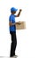 A male deliveryman, on a white background, full-length, with a box