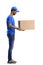 A male deliveryman, on a white background, full-length, with a box