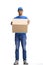A male deliveryman, on a white background, full-length, with a box