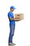 A male deliveryman, on a white background, full-length, with a box