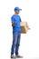 A male deliveryman, on a white background, full-length, with a box