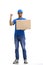 A male deliveryman, on a white background, full-length, with a box