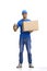 A male deliveryman, on a white background, full-length, with a box