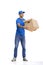 A male deliveryman, on a white background, full-length, with a box