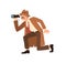 Male detective sneaking looking through binoculars during spy vector flat illustration. Private agent in coat and hat