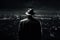 Male detective standing on a hill, overlooking the city\\\'s skyline. AI Generated