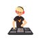 Male DJ mixing music on vinyl turntables, young man playing music on mixer console deck vector Illustration on a white