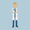 Male doctor character in uniform standing with folded arms, medical care Illustration