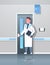 Male doctor with clipboard and stethoscope opening office door hospital corridor clinic interior happy cartoon character